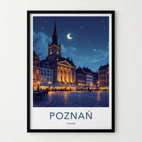 Poznan Poster - Poland Travel Art - Moonlit Historic Town Square Wall Decor