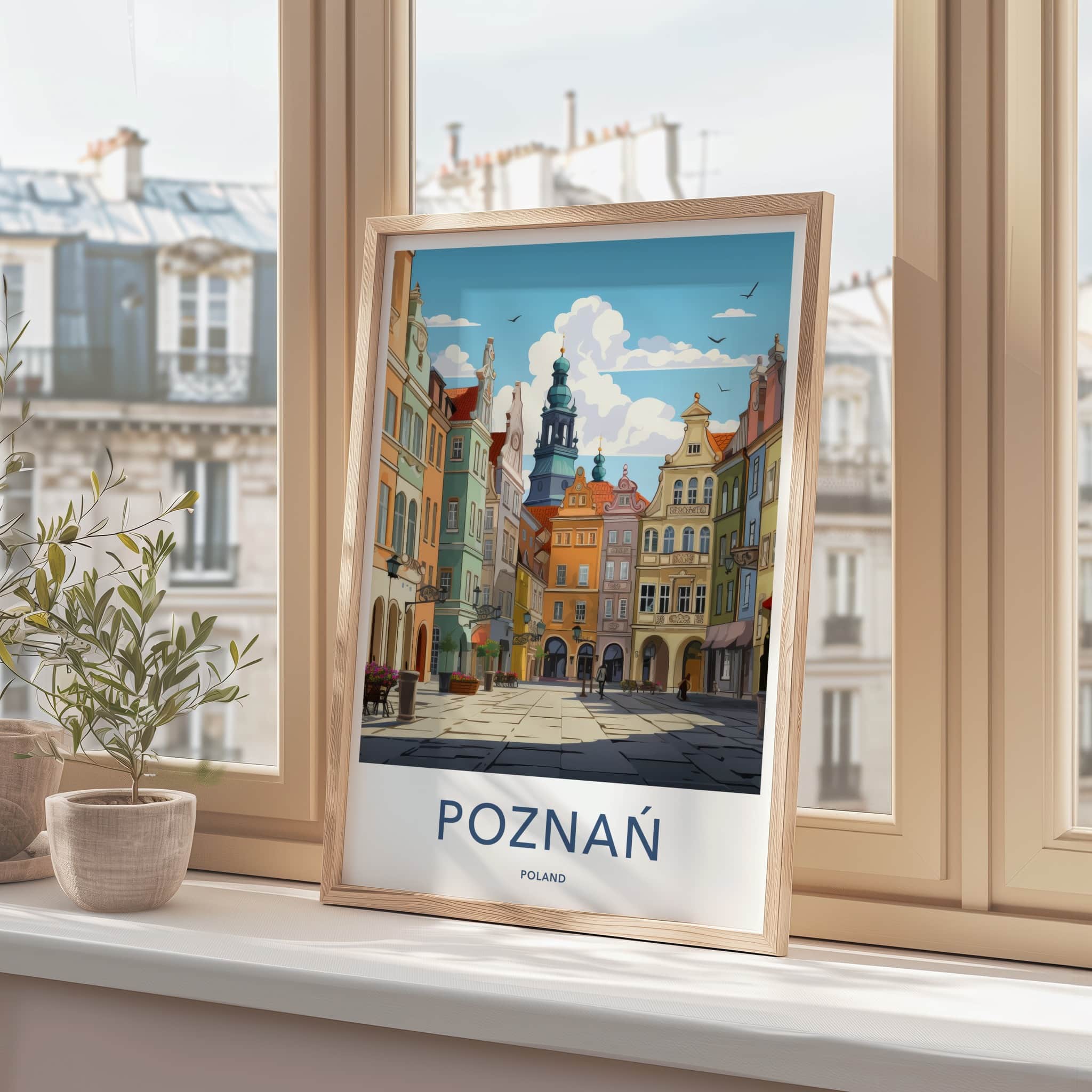 Poznan Poster - Poland Travel Art - Vibrant Buildings Tower Home Decor