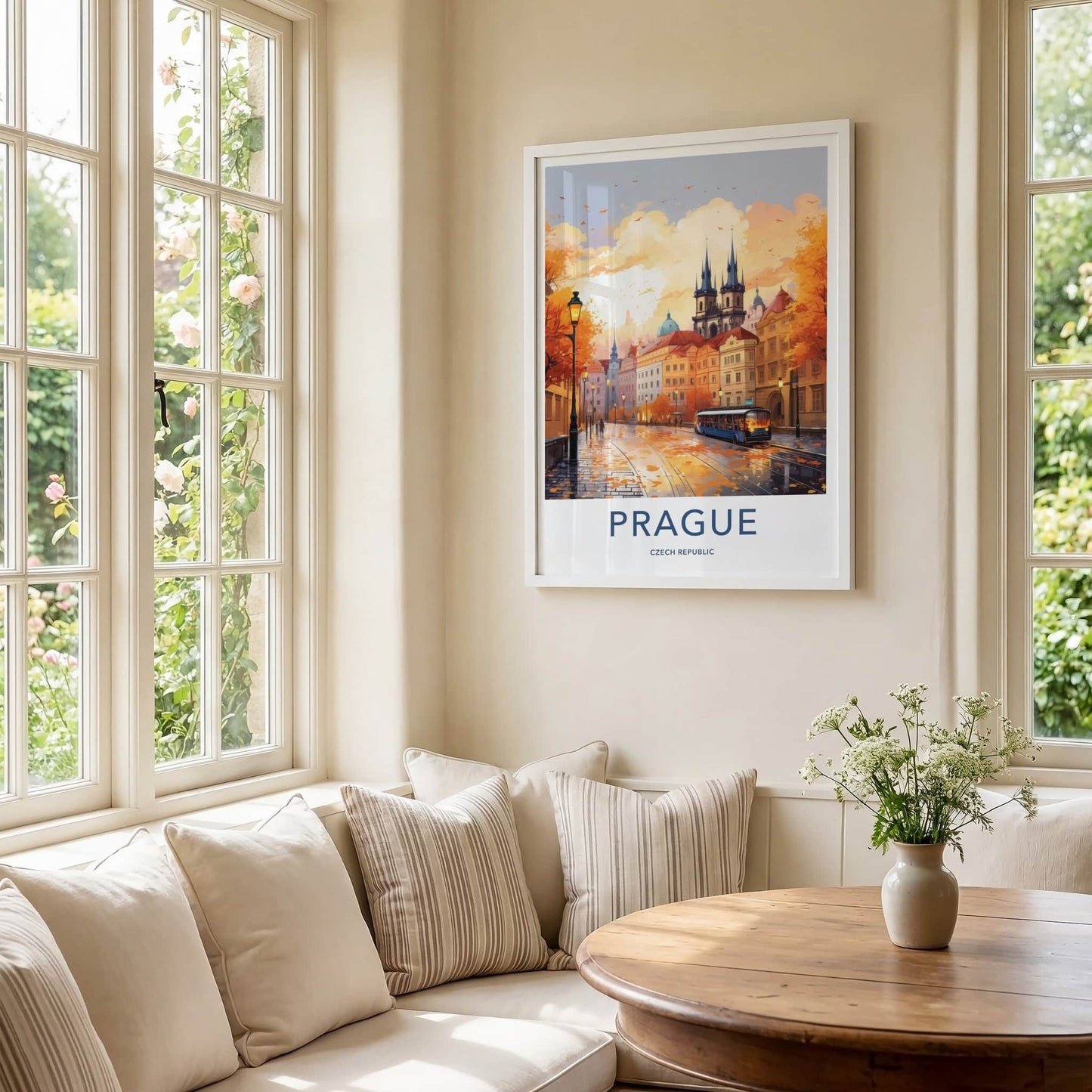 Prague Poster - Czech Republic Travel Art - Autumn City Tram Home Decor