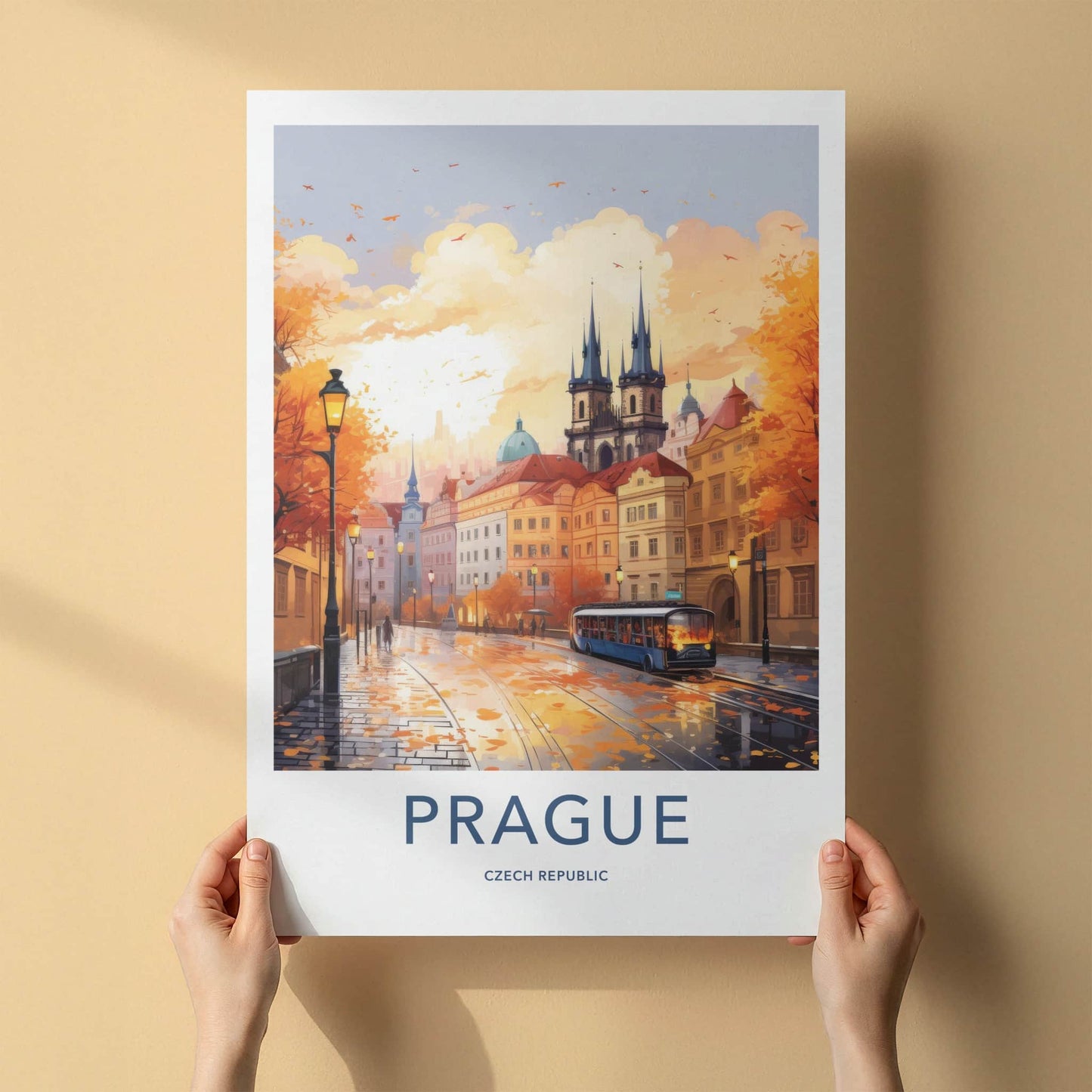 Prague Poster - Czech Republic Travel Art - Autumn City Tram Home Decor