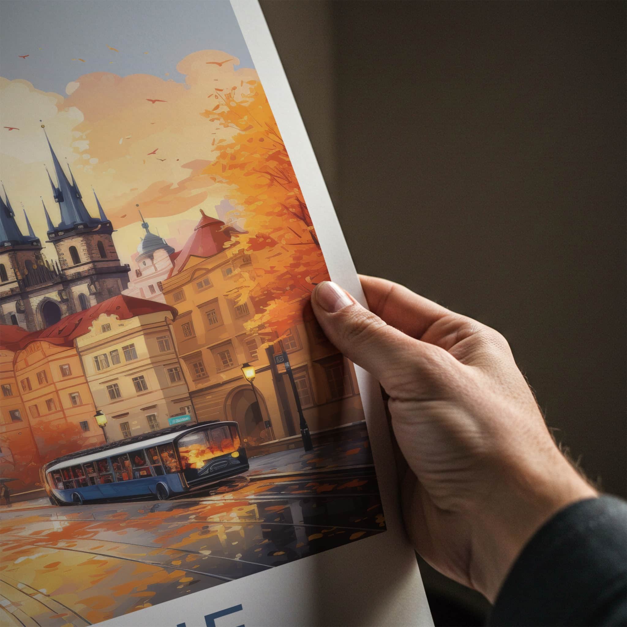 Prague Poster - Czech Republic Travel Art - Autumn City Tram Home Decor