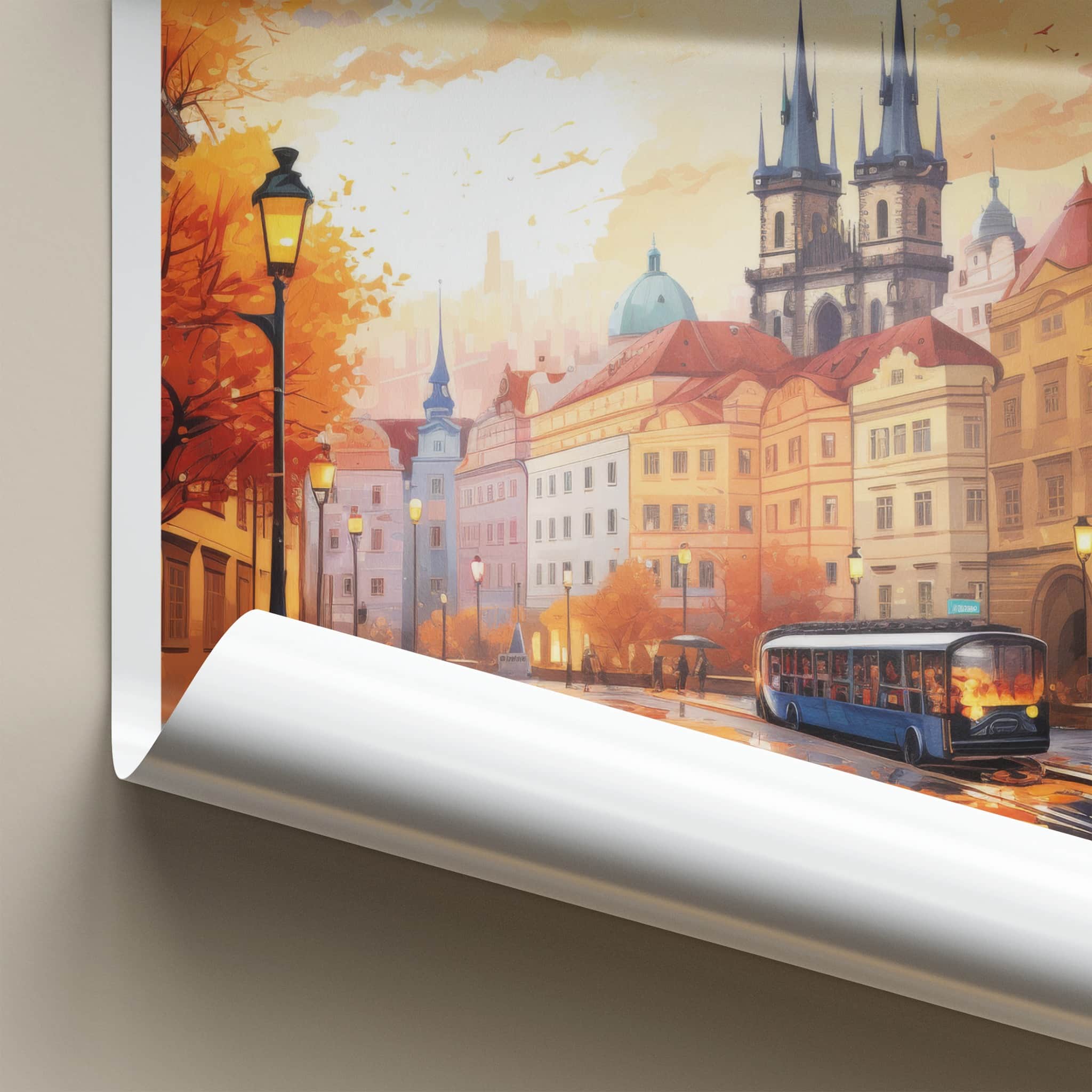 Prague Poster - Czech Republic Travel Art - Autumn City Tram Home Decor