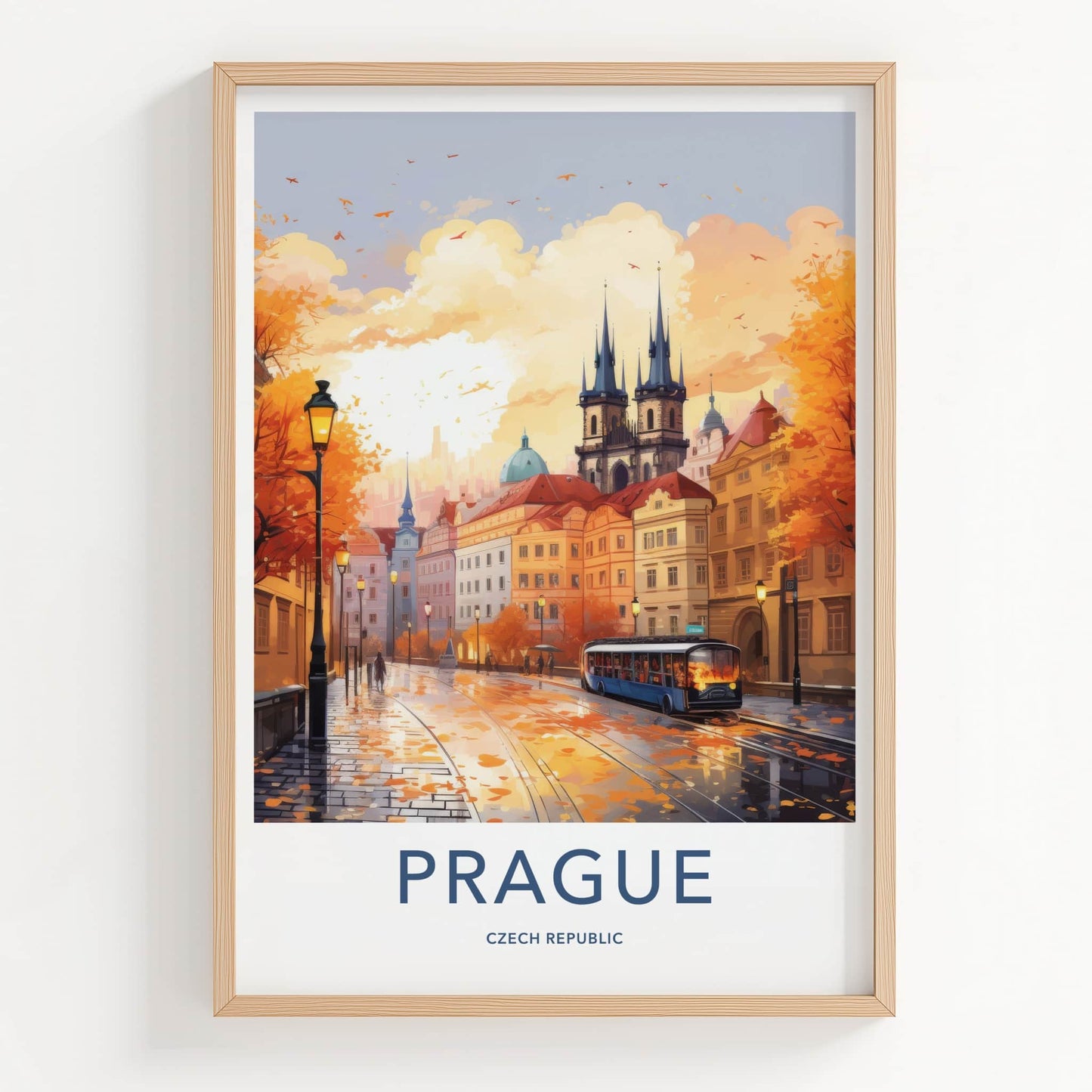 Prague Poster - Czech Republic Travel Art - Autumn City Tram Home Decor