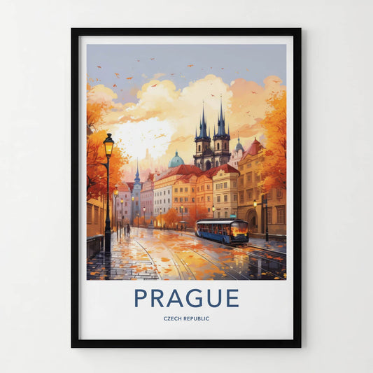 Prague Poster - Czech Republic Travel Art - Autumn City Tram Home Decor