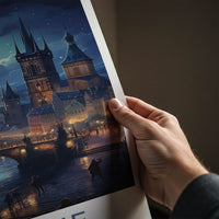 Prague Poster - Czech Republic Travel Art - Moonlit River City Home Decor