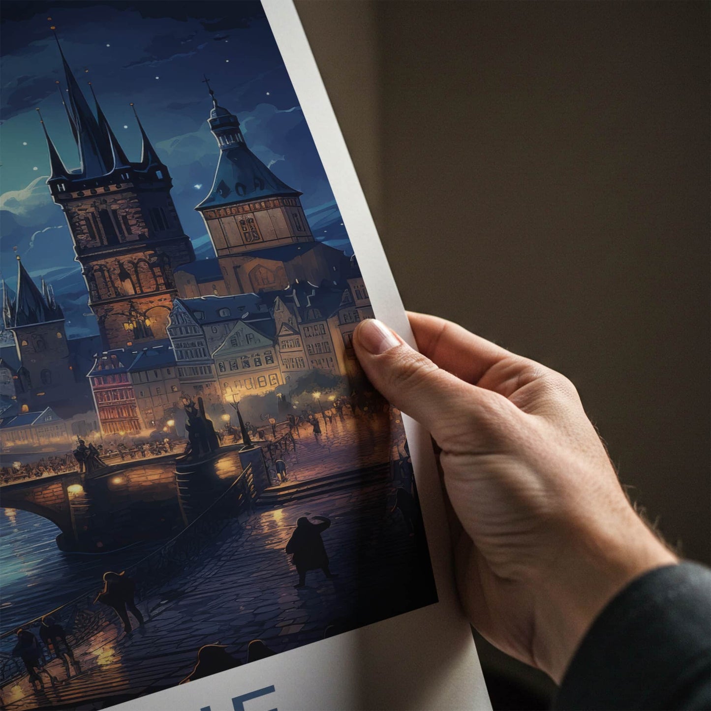 Prague Poster - Czech Republic Travel Art - Moonlit River City Home Decor