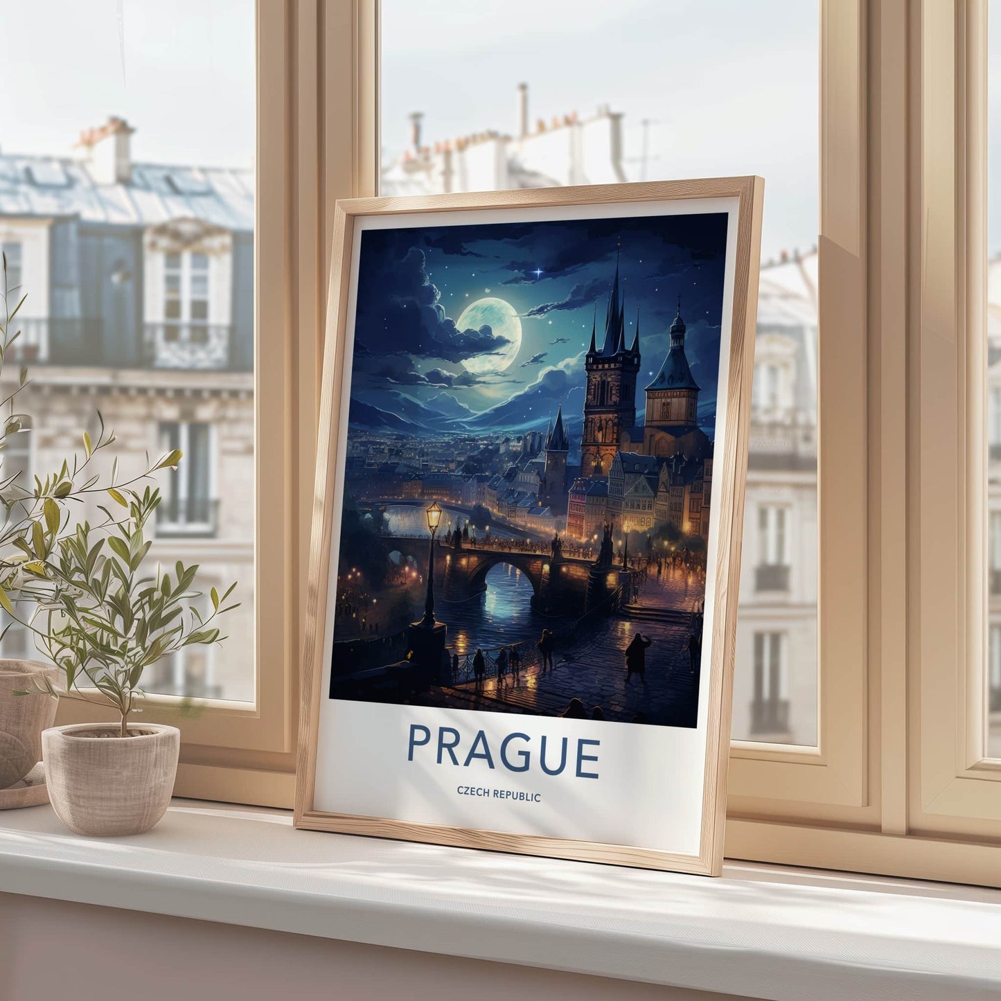 Prague Poster - Czech Republic Travel Art - Moonlit River City Home Decor
