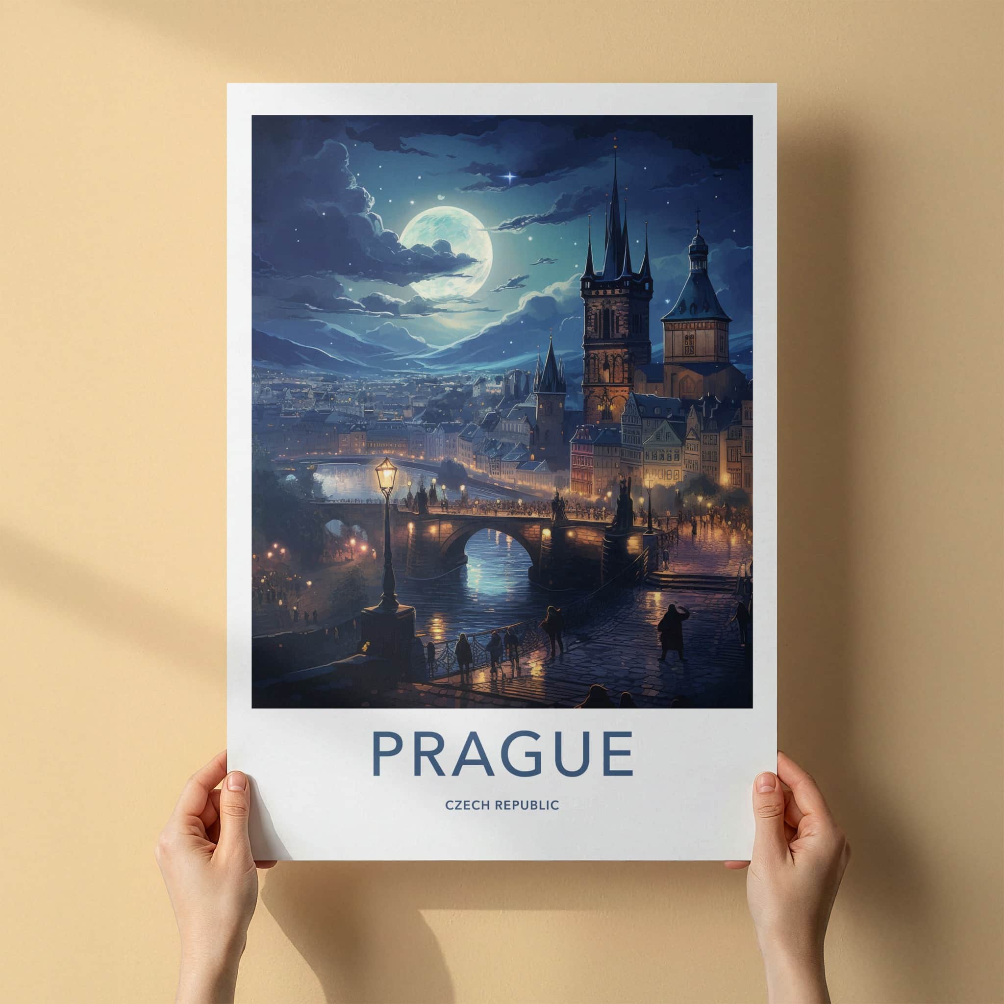 Prague Poster - Czech Republic Travel Art - Moonlit River City Home Decor