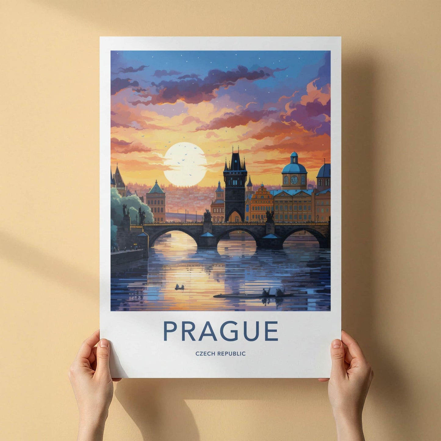 Prague Poster - Czech Republic Travel Art - River Bridge Sunset Home Decor