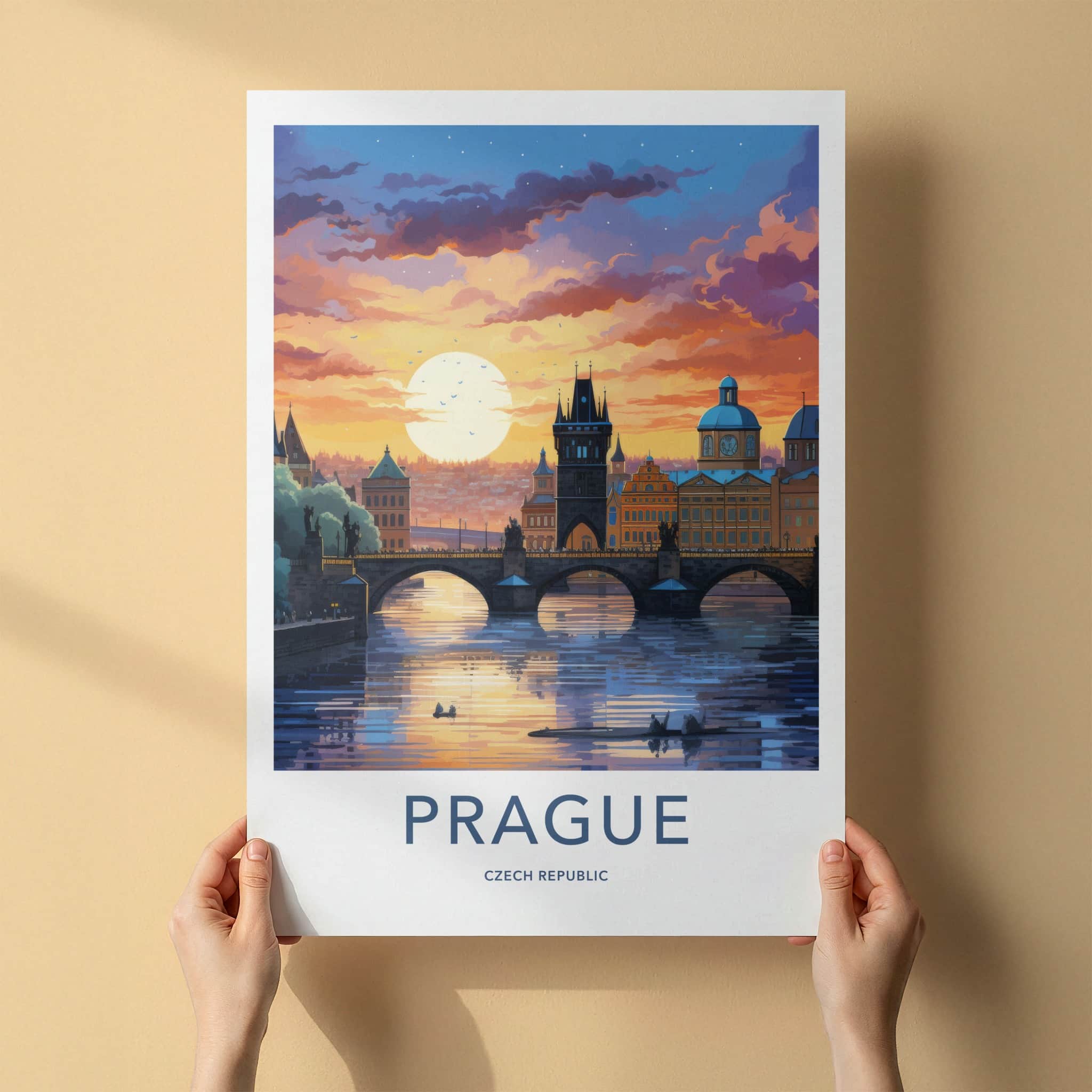 Prague Poster - Czech Republic Travel Art - River Bridge Sunset Home Decor