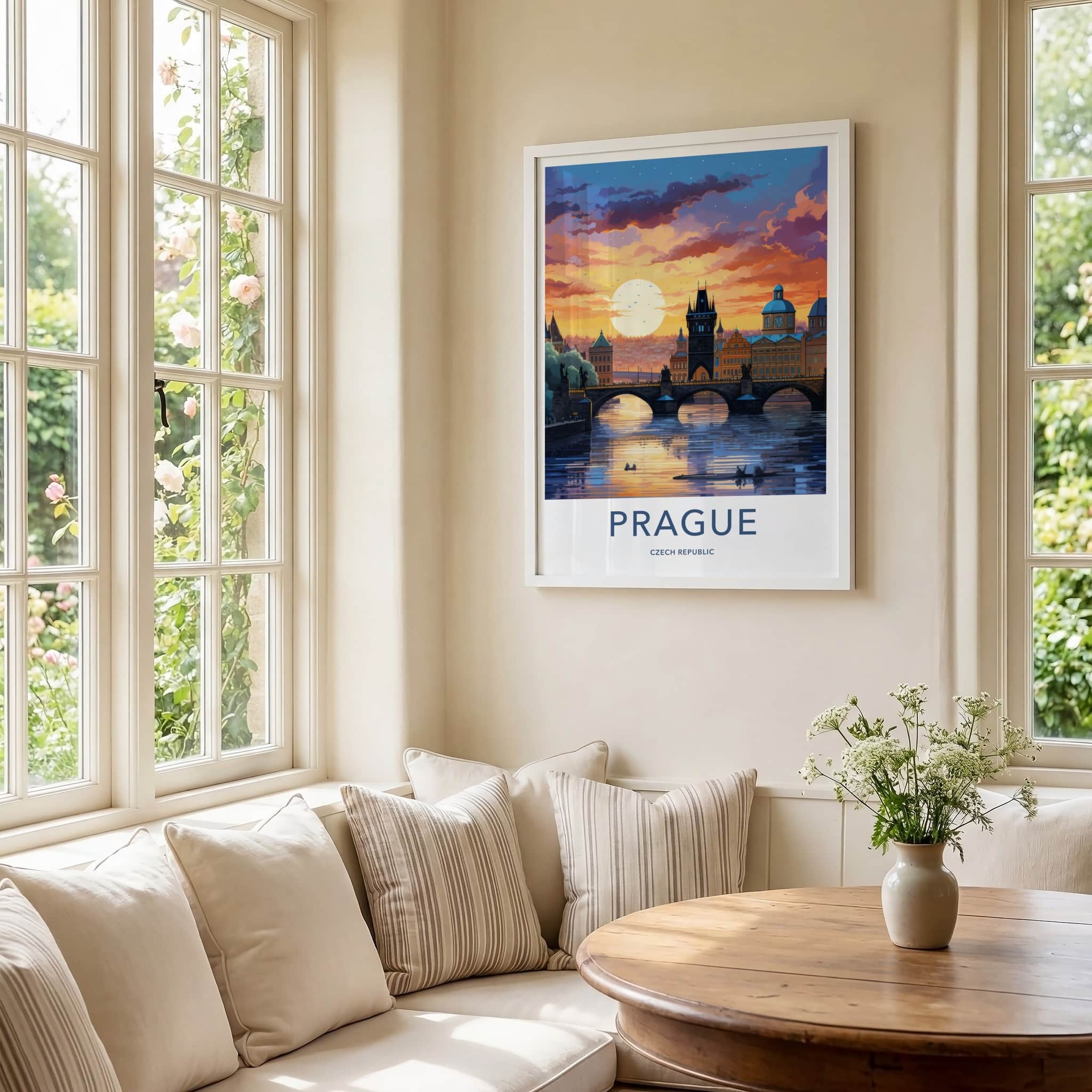 Prague Poster - Czech Republic Travel Art - River Bridge Sunset Home Decor