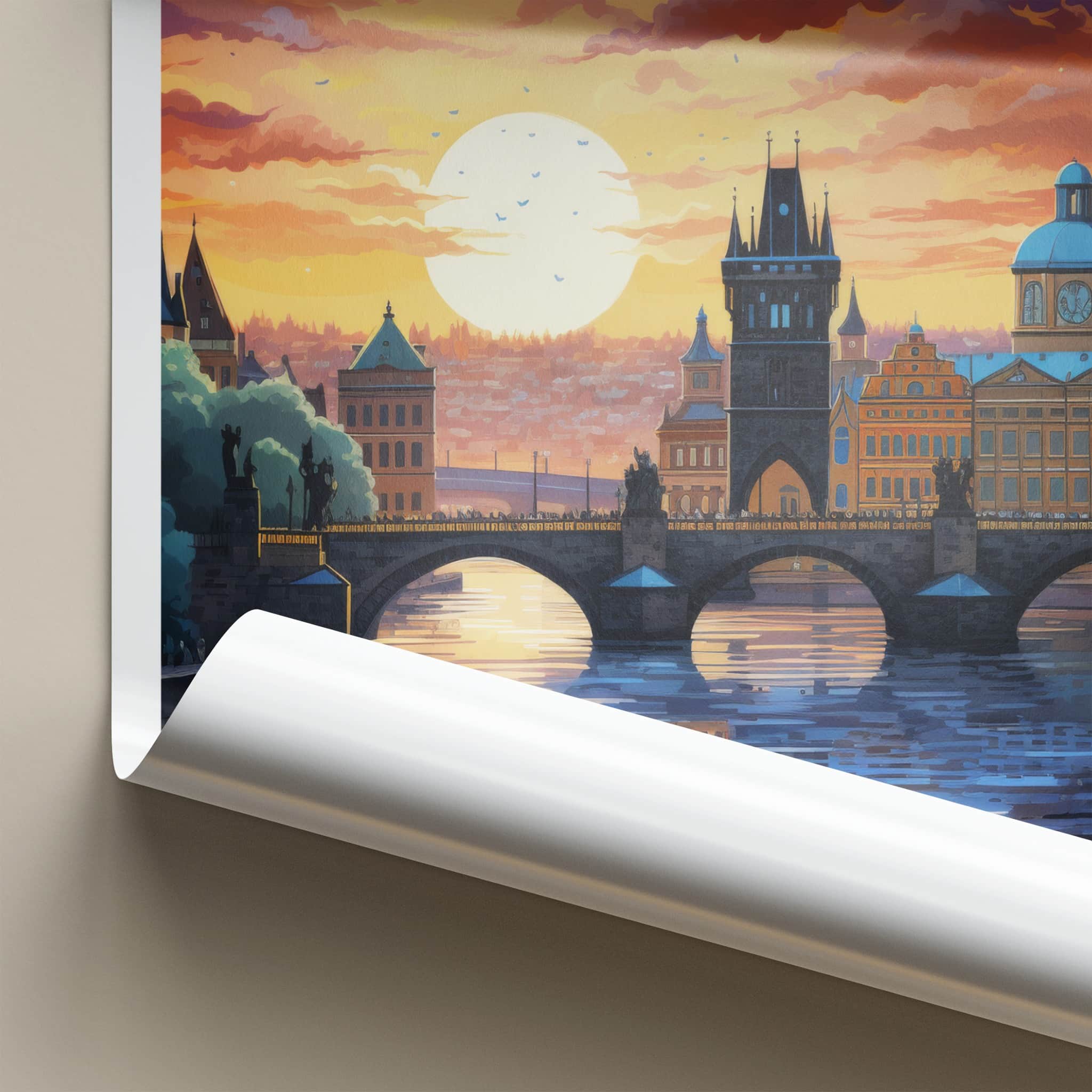 Prague Poster - Czech Republic Travel Art - River Bridge Sunset Home Decor