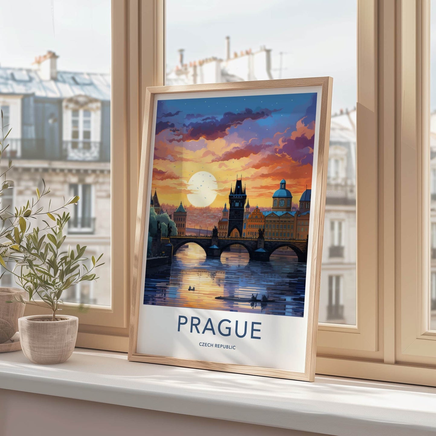 Prague Poster - Czech Republic Travel Art - River Bridge Sunset Home Decor