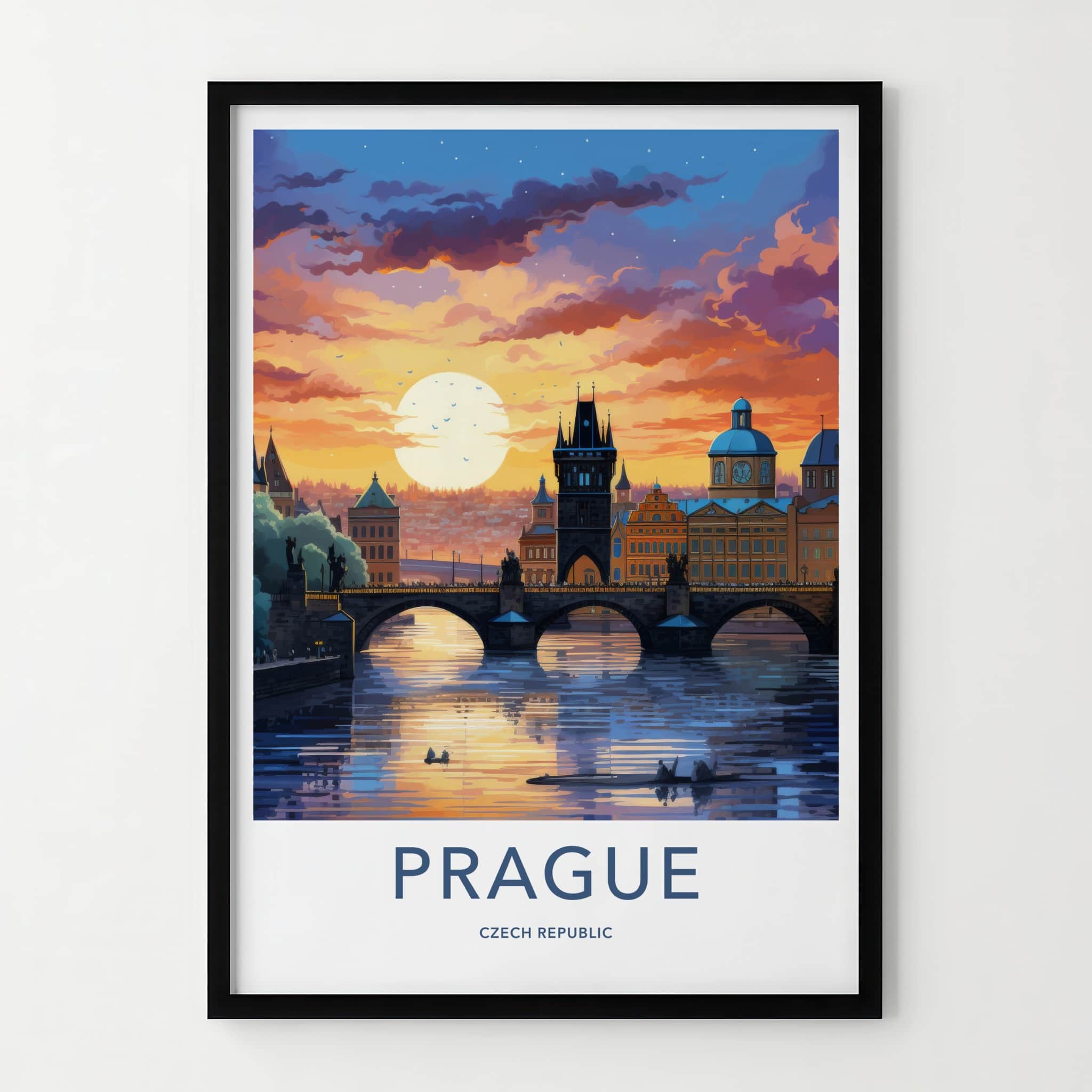 Prague Poster - Czech Republic Travel Art - River Bridge Sunset Home Decor
