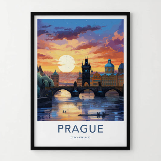 Prague Poster - Czech Republic Travel Art - River Bridge Sunset Home Decor