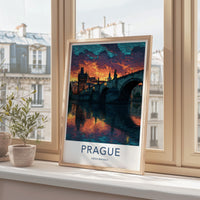 Prague Poster - Czech Republic Travel Art - Sunset River Reflection Wall Decor