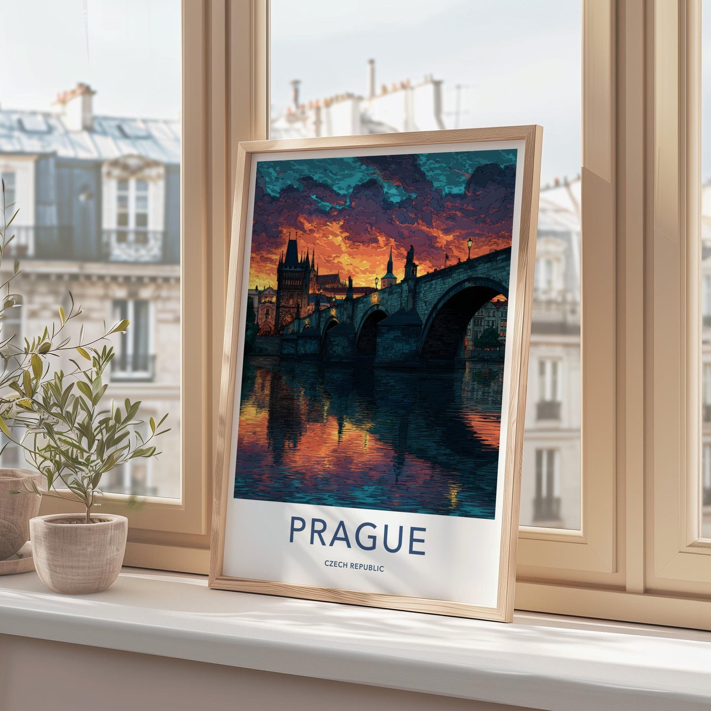 Prague Poster - Czech Republic Travel Art - Sunset River Reflection Wall Decor