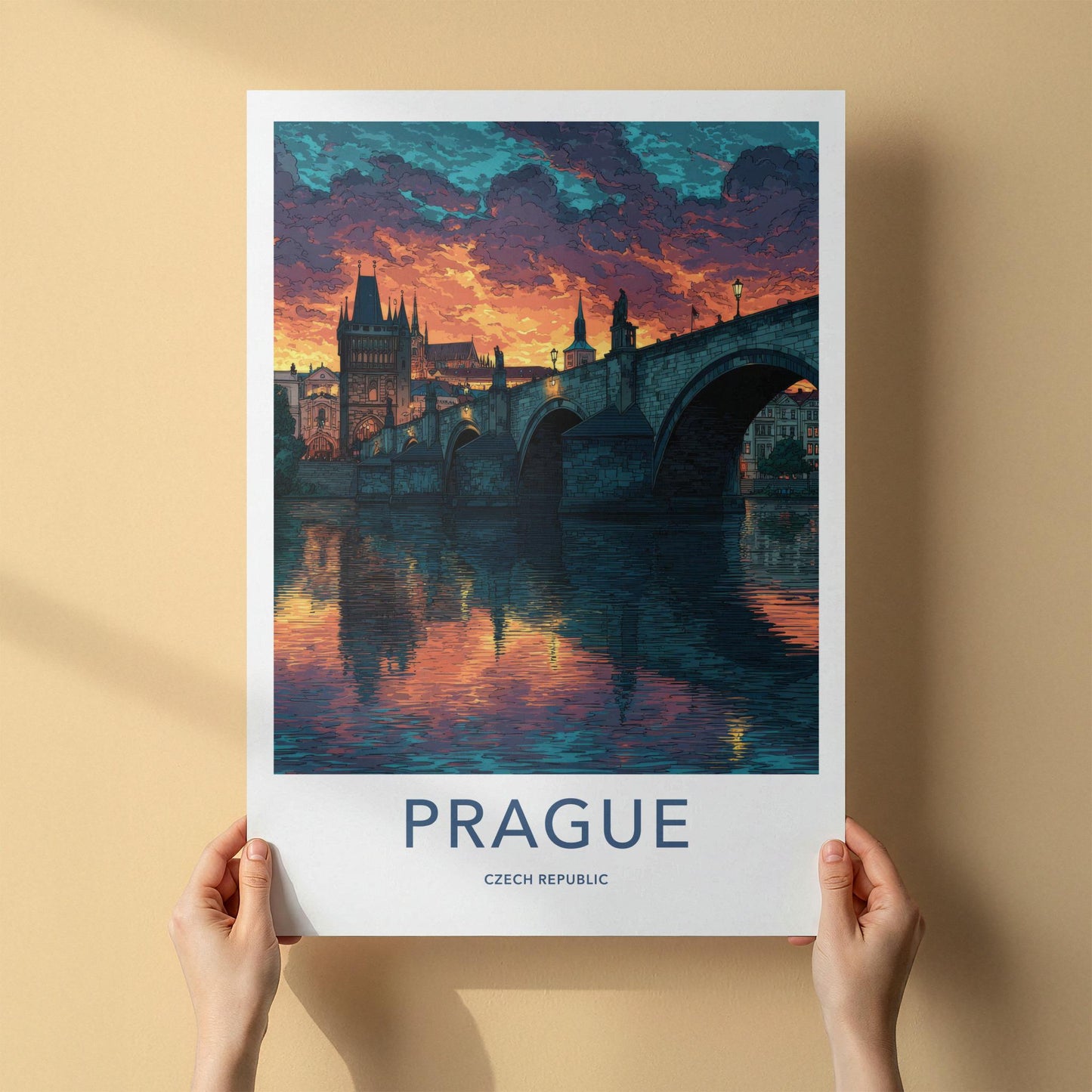 Prague Poster - Czech Republic Travel Art - Sunset River Reflection Wall Decor