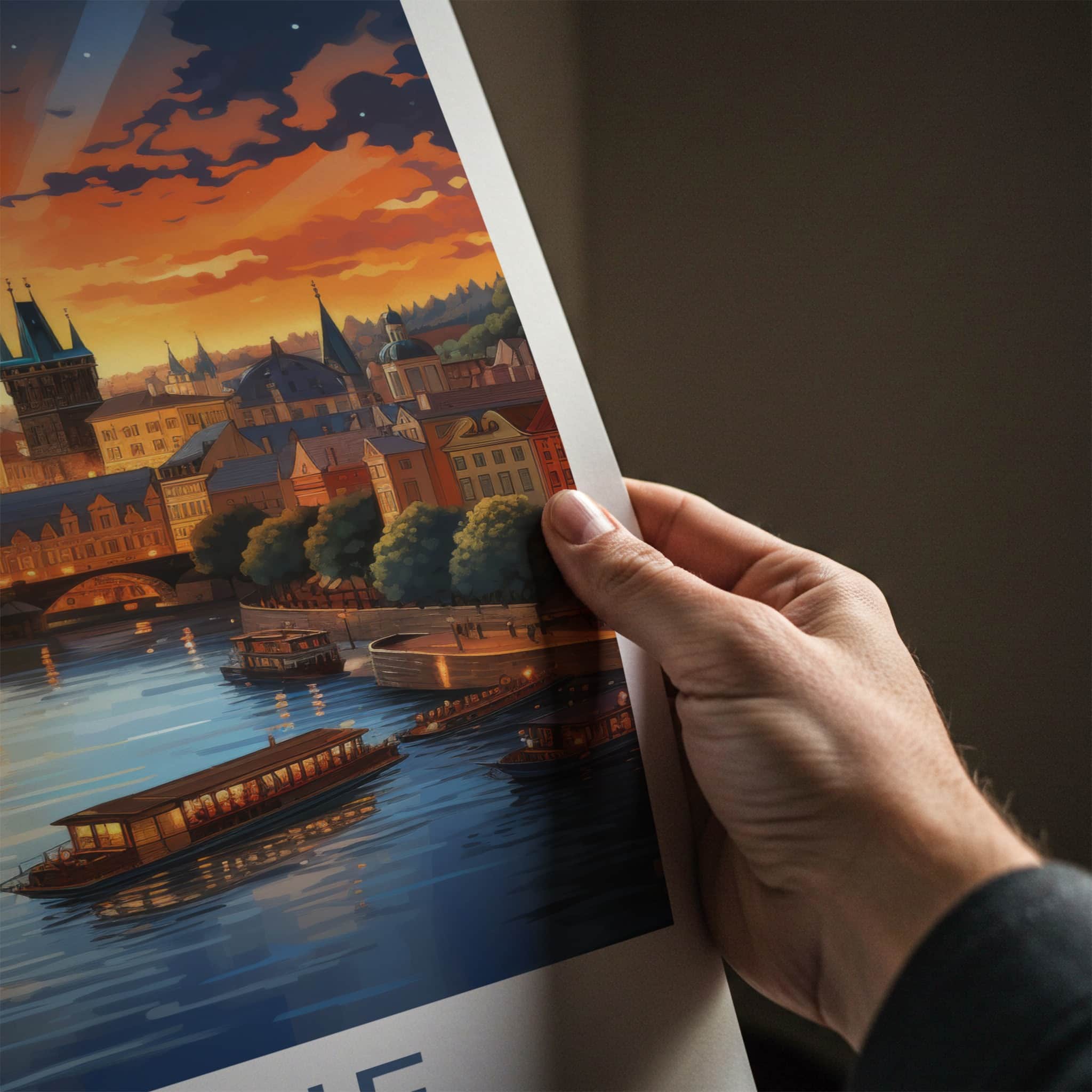 Prague Poster - Czech Republic Travel Art - Vltava River Sunset Home Decor