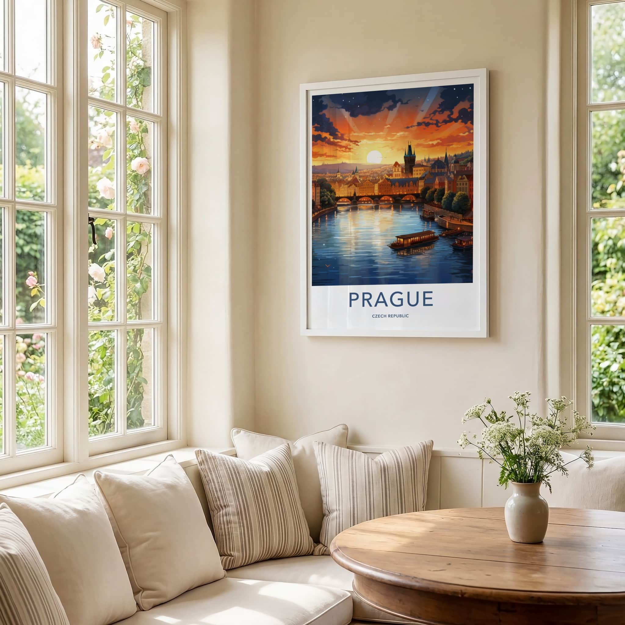 Prague Poster - Czech Republic Travel Art - Vltava River Sunset Home Decor