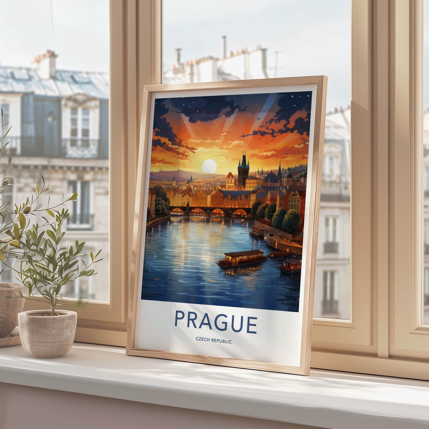 Prague Poster - Czech Republic Travel Art - Vltava River Sunset Home Decor