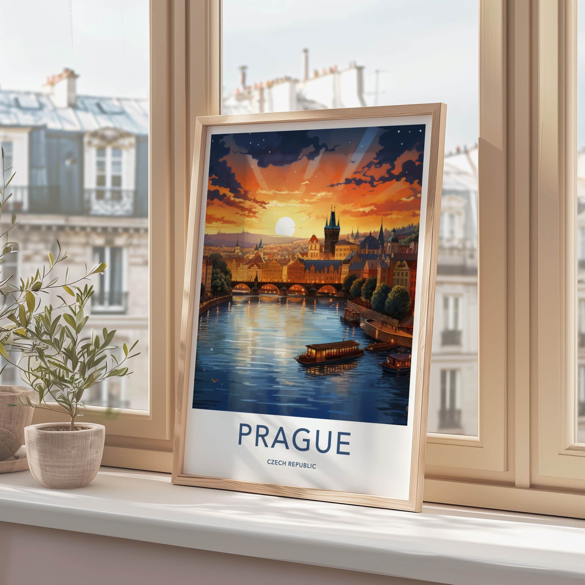 Prague Poster - Czech Republic Travel Art - Vltava River Sunset Home Decor