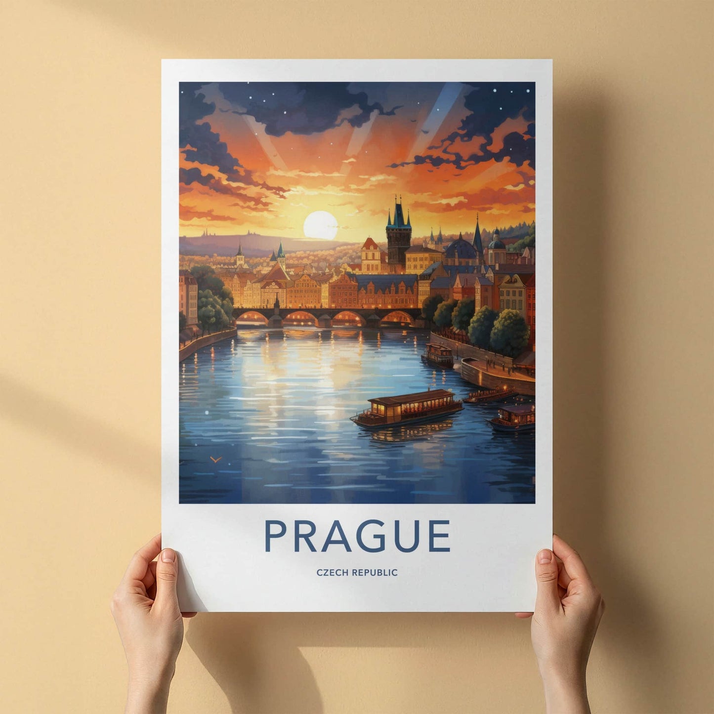 Prague Poster - Czech Republic Travel Art - Vltava River Sunset Home Decor