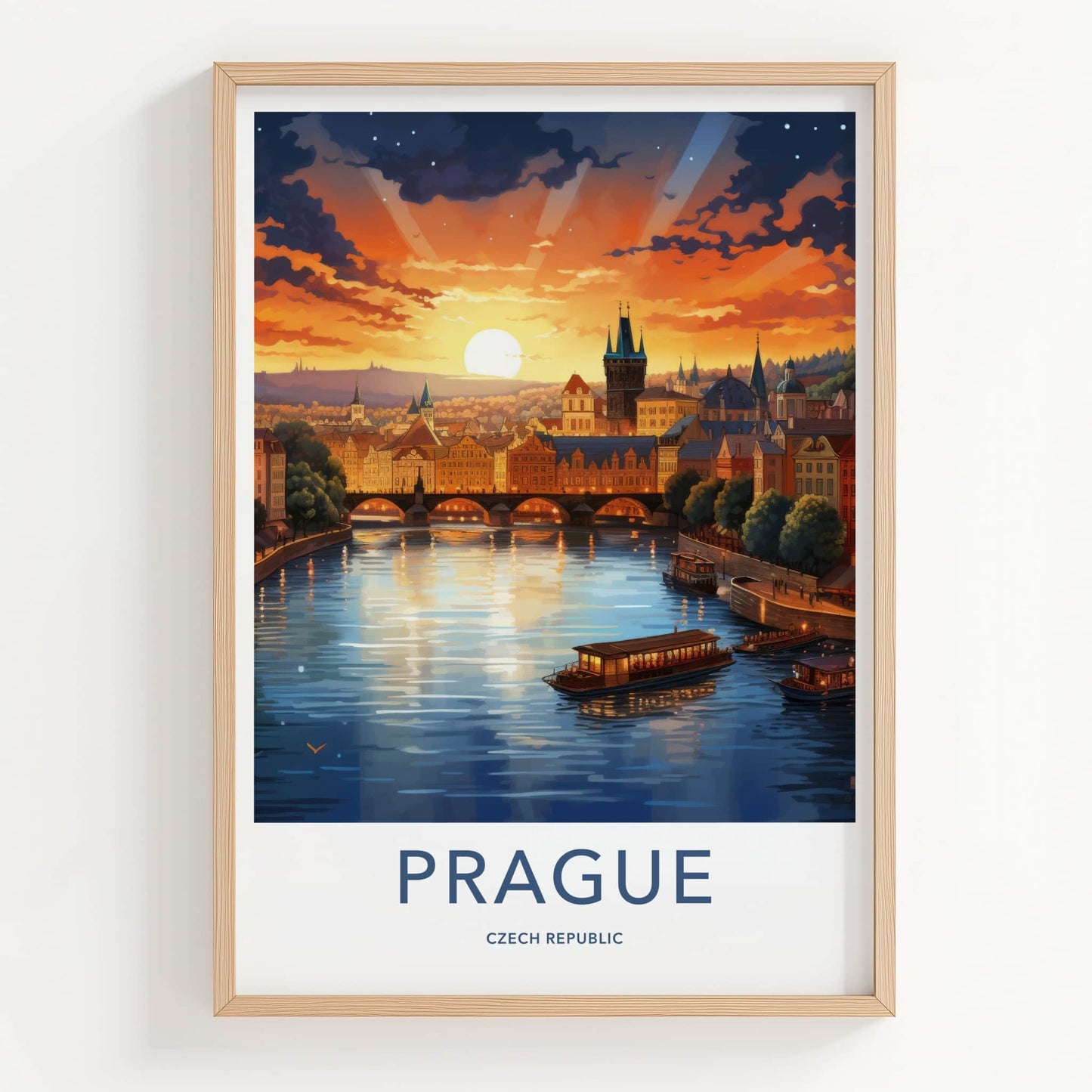 Prague Poster - Czech Republic Travel Art - Vltava River Sunset Home Decor