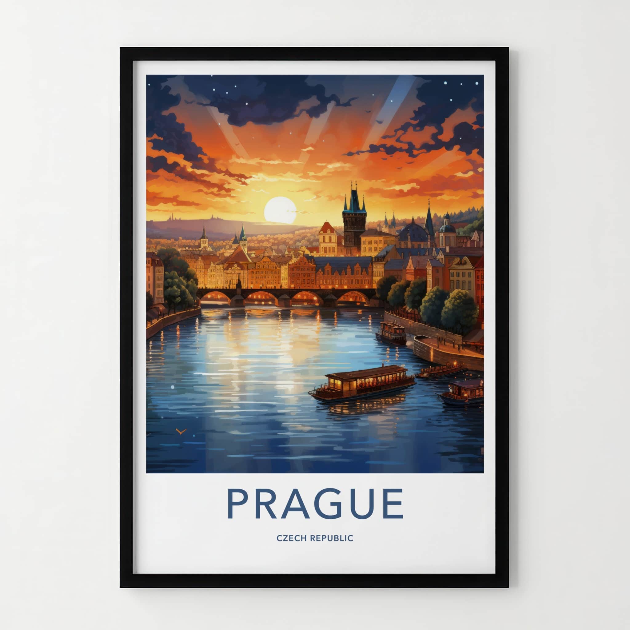 Prague Poster - Czech Republic Travel Art - Vltava River Sunset Home Decor