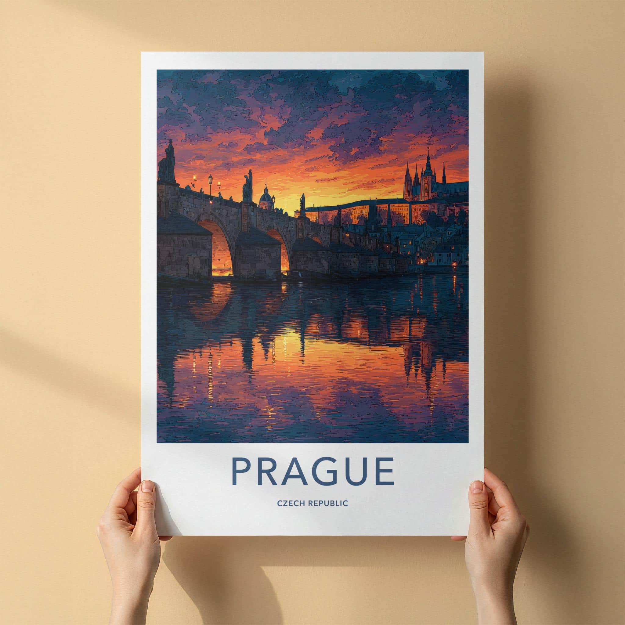 Prague Poster - Czech Republic Wall Art - Vibrant Bridge Sunset Home Art