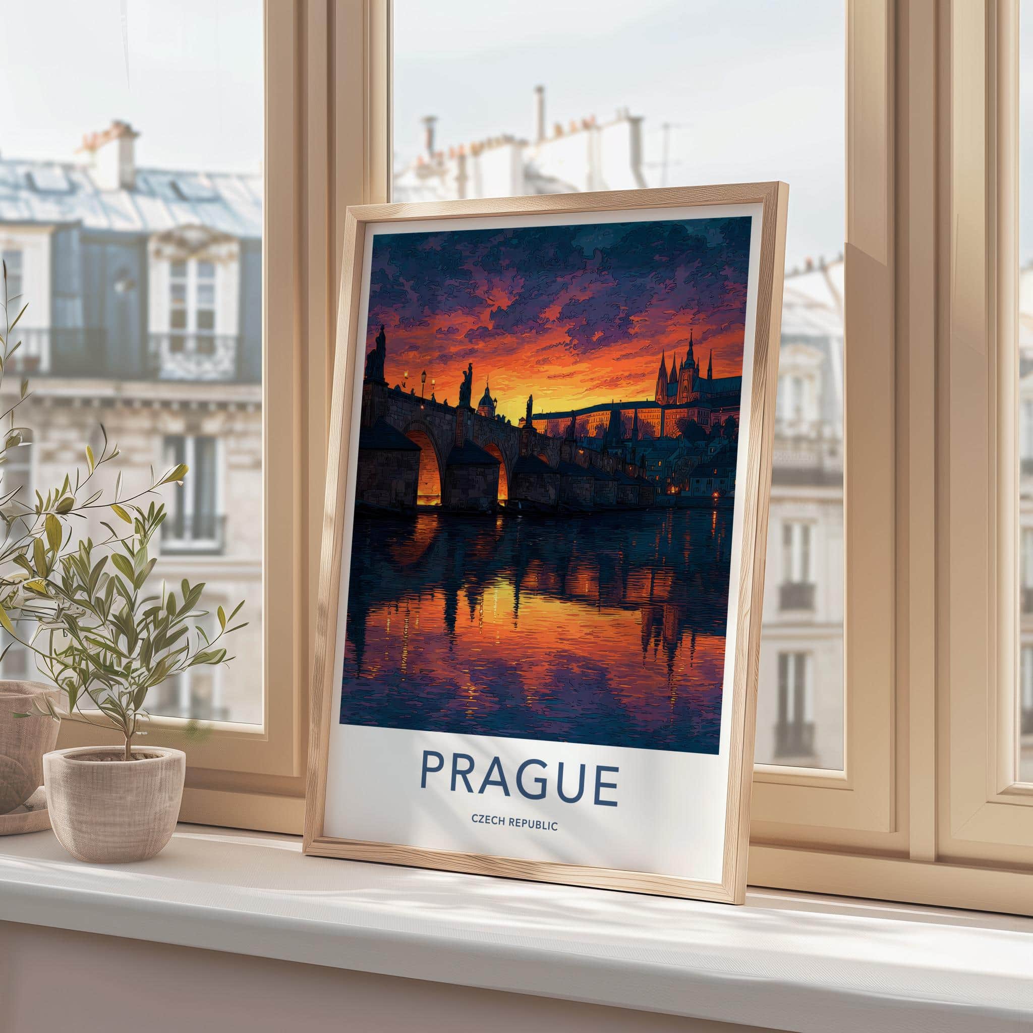 Prague Poster - Czech Republic Wall Art - Vibrant Bridge Sunset Home Art