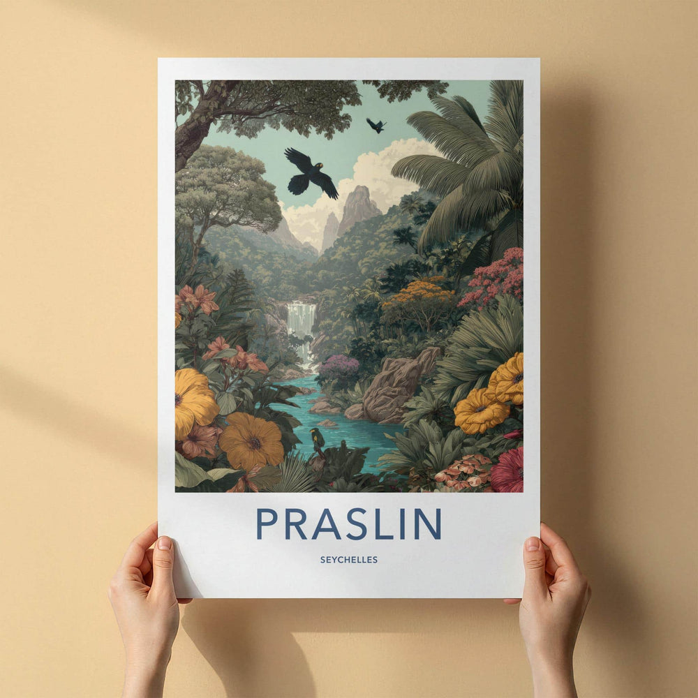 Praslin Poster - Seychelles Art Print - Tropical Lush Waterfall Home Decor