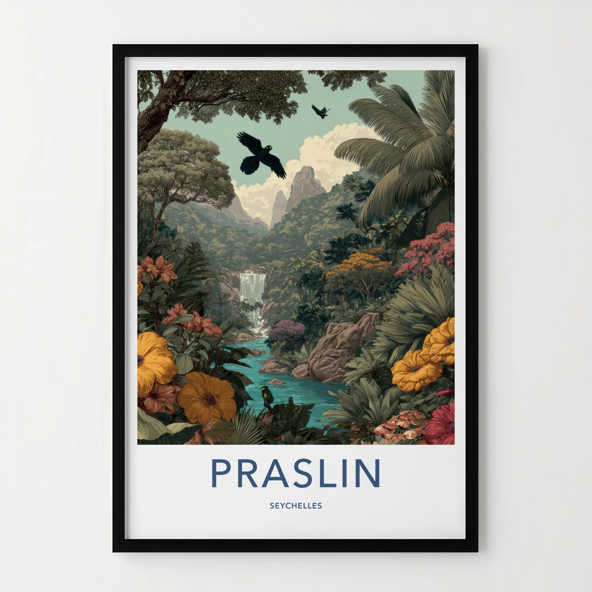 Praslin Poster - Seychelles Art Print - Tropical Lush Waterfall Home Decor
