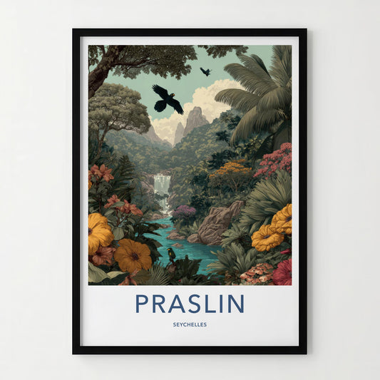 Praslin Poster - Seychelles Art Print - Tropical Lush Waterfall Home Decor