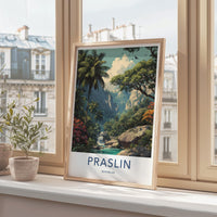 Praslin Poster - Seychelles Travel Art - Jungle Waterfall Scene Home Decor