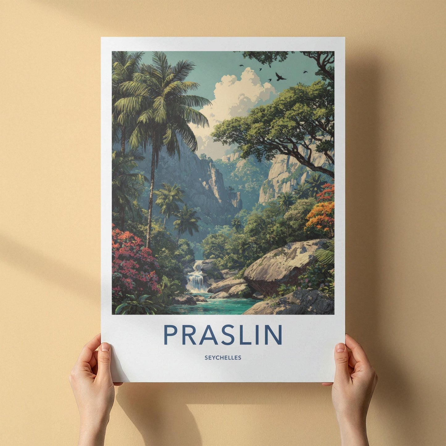 Praslin Poster - Seychelles Travel Art - Jungle Waterfall Scene Home Decor