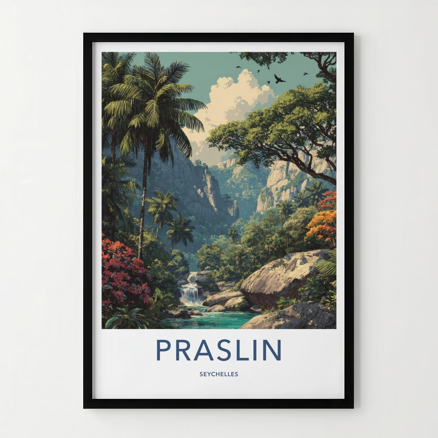 Praslin Poster - Seychelles Travel Art - Lush tropical waterfall Home Decor