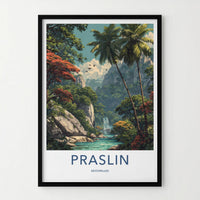 Praslin Poster - Seychelles Travel Art - Lush Tropical Waterfall Home Decor
