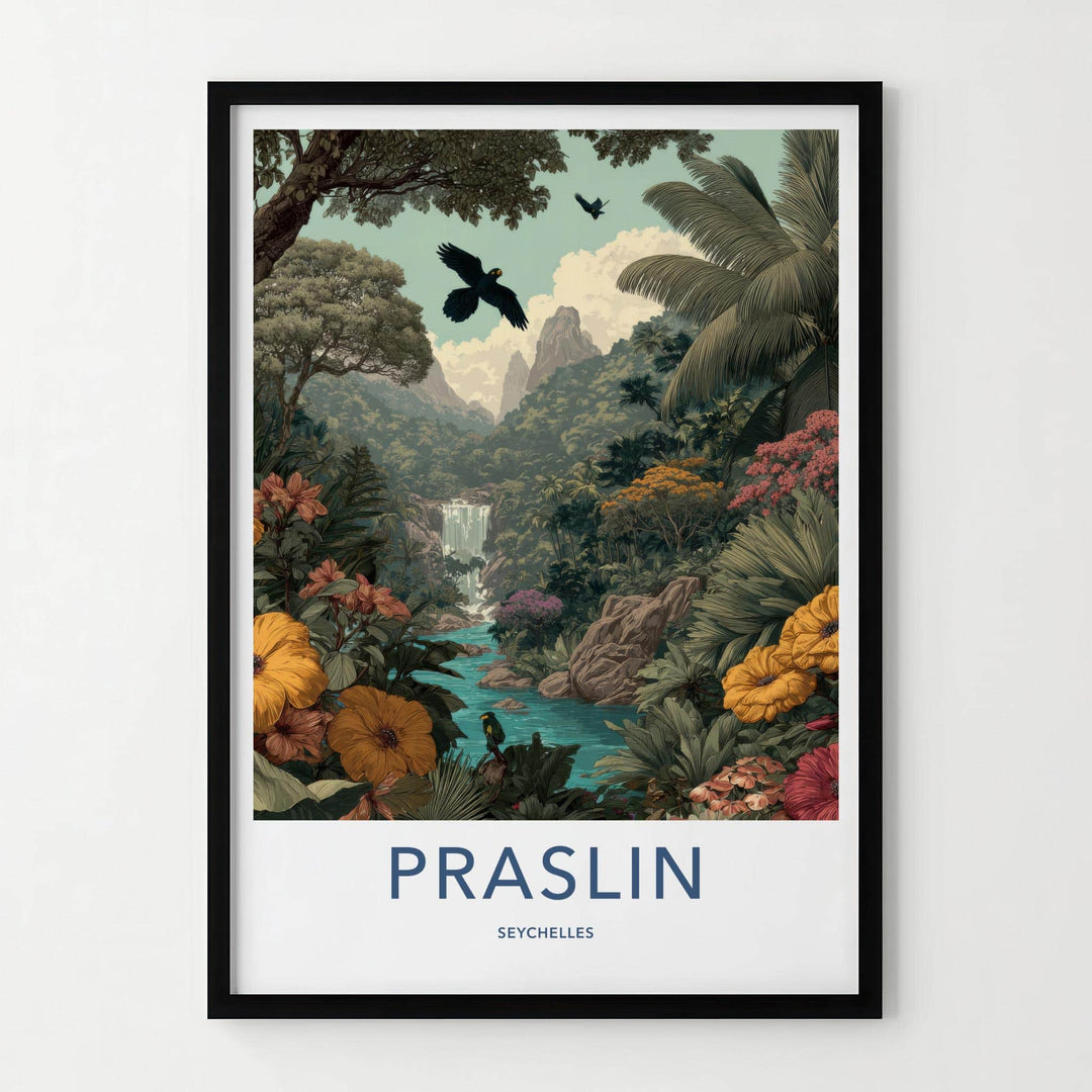 Praslin Poster - Seychelles Travel Art - Lush Tropical Waterfall Home Decor