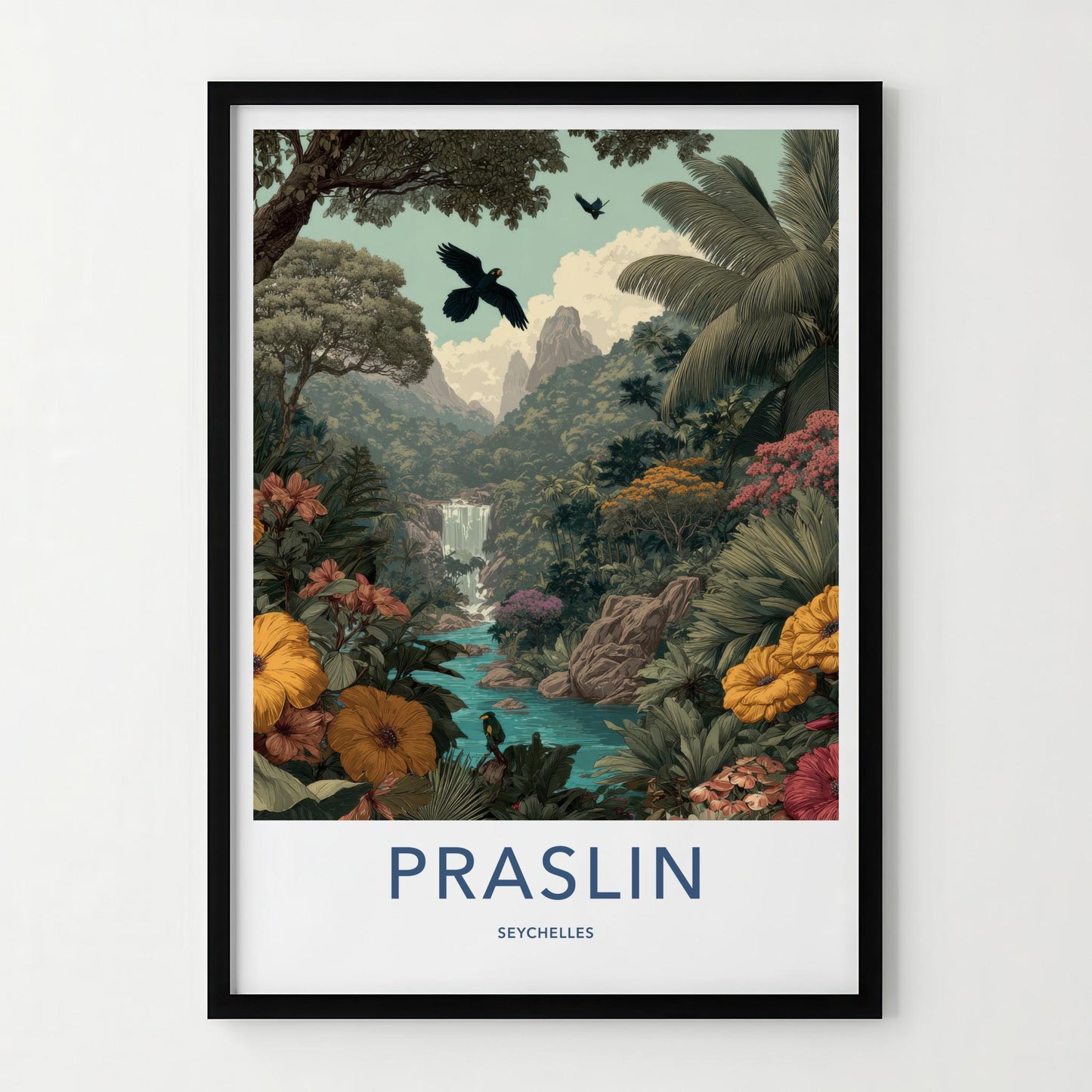 Praslin Poster - Seychelles Travel Art - Lush Tropical Waterfall Home Decor