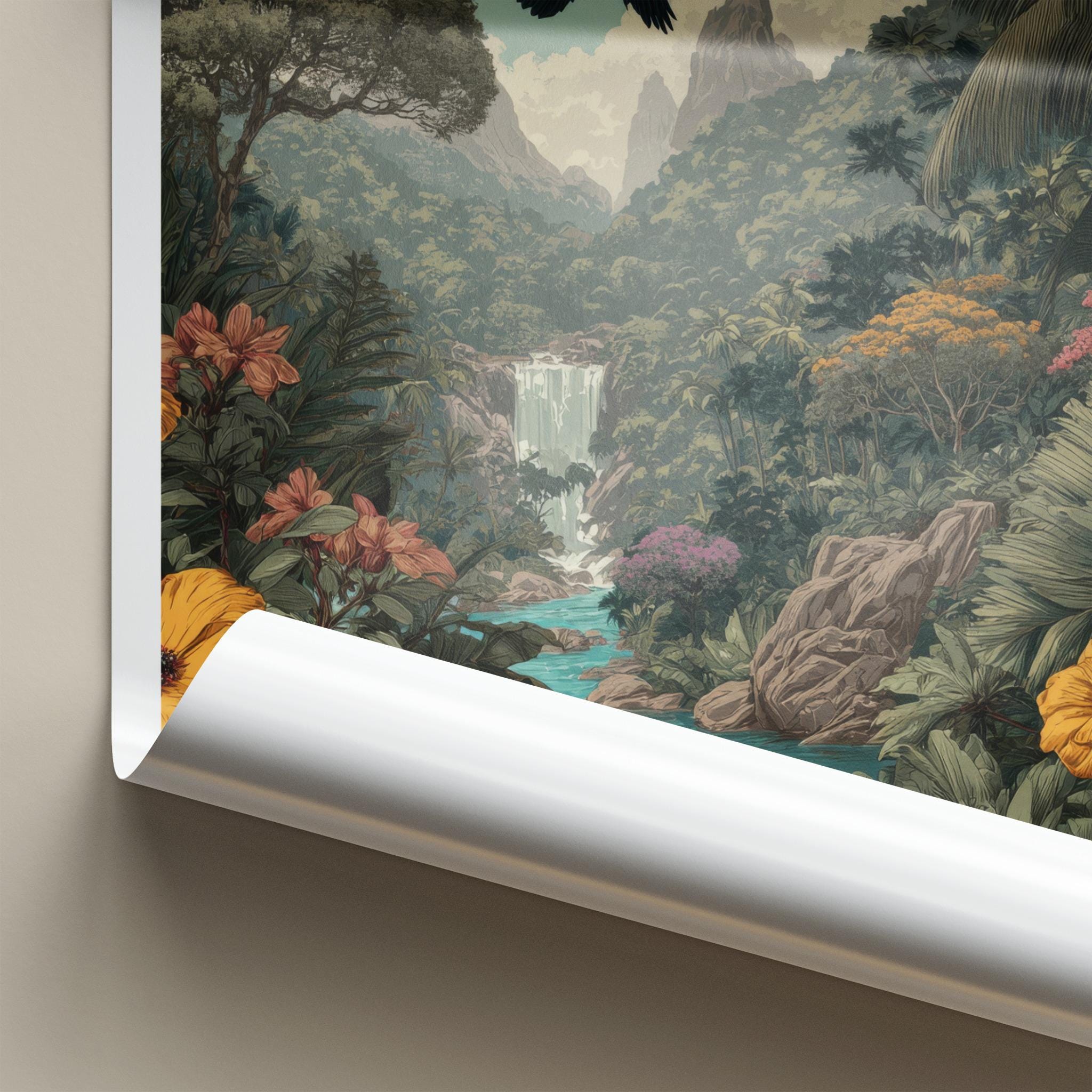 Praslin Poster - Seychelles Travel Art - Lush Tropical Waterfall Home Decor