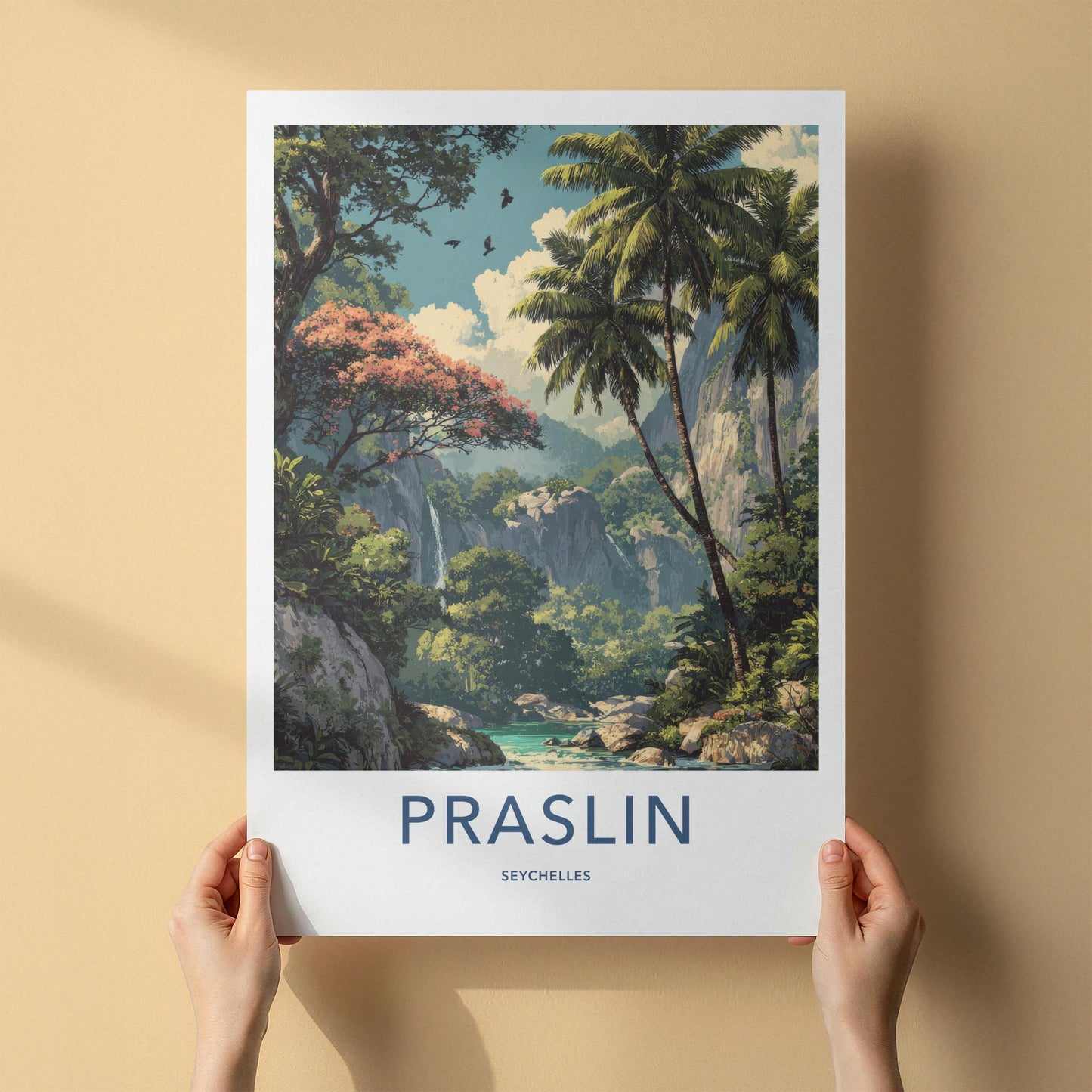 Praslin Poster - Seychelles Travel Art - Lush Tropical Waterfalls Home Decor