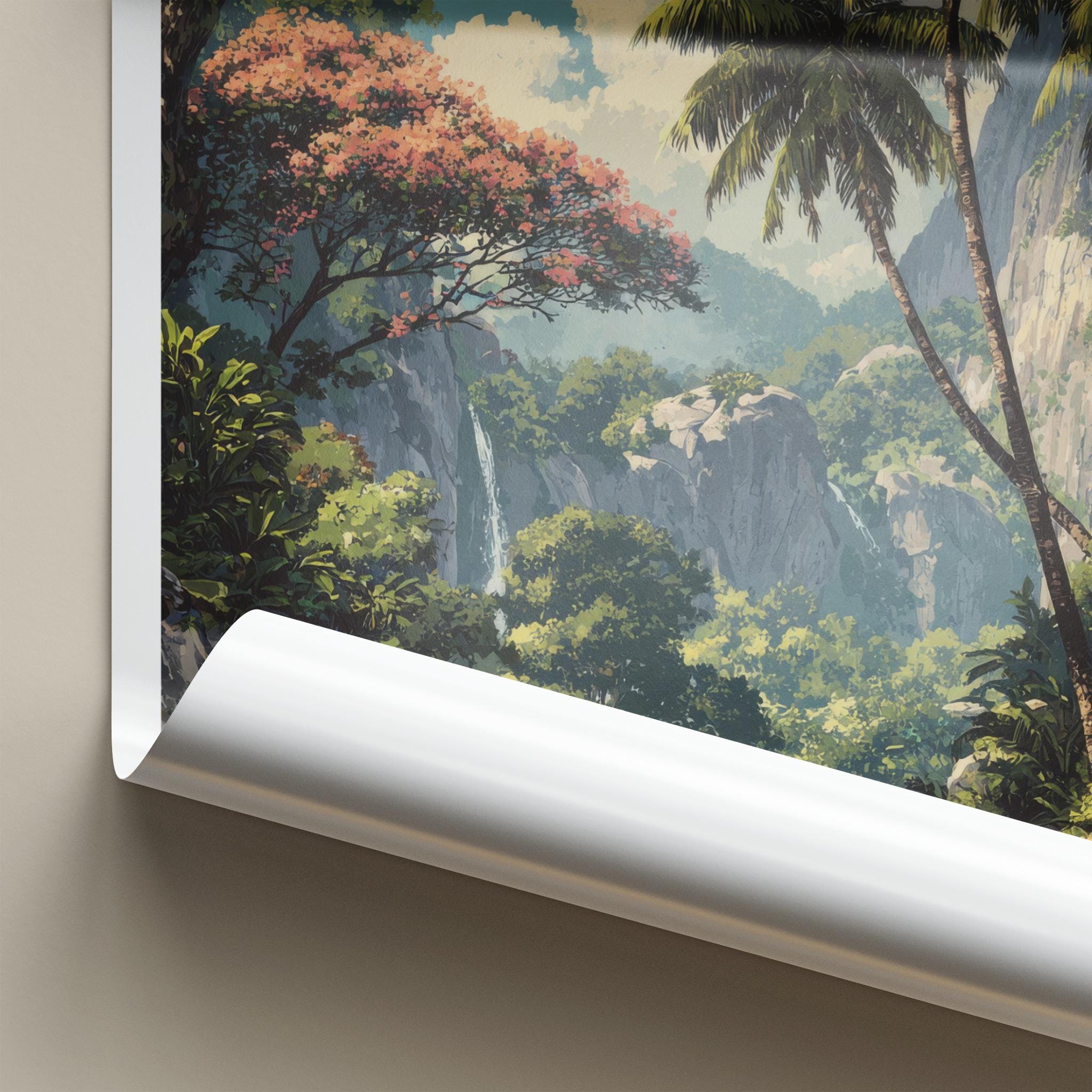 Praslin Poster - Seychelles Travel Art - Lush Tropical Waterfalls Home Decor
