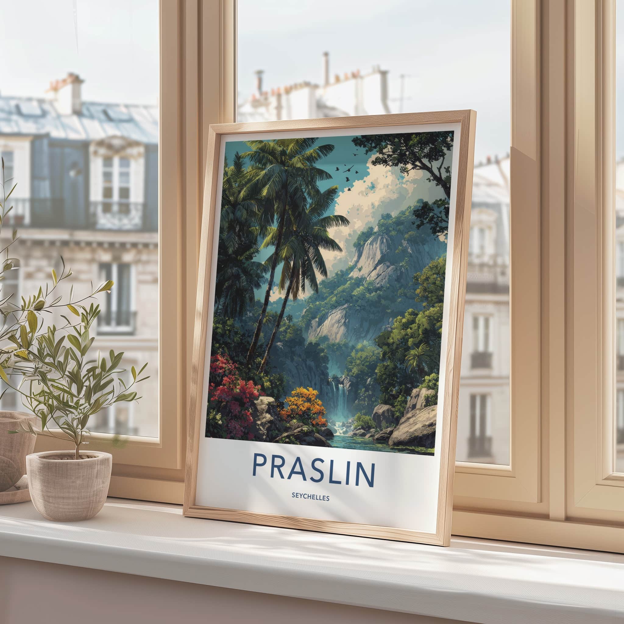 Praslin Poster - Seychelles Travel Art - Lush Waterfall Scenery Home Decor