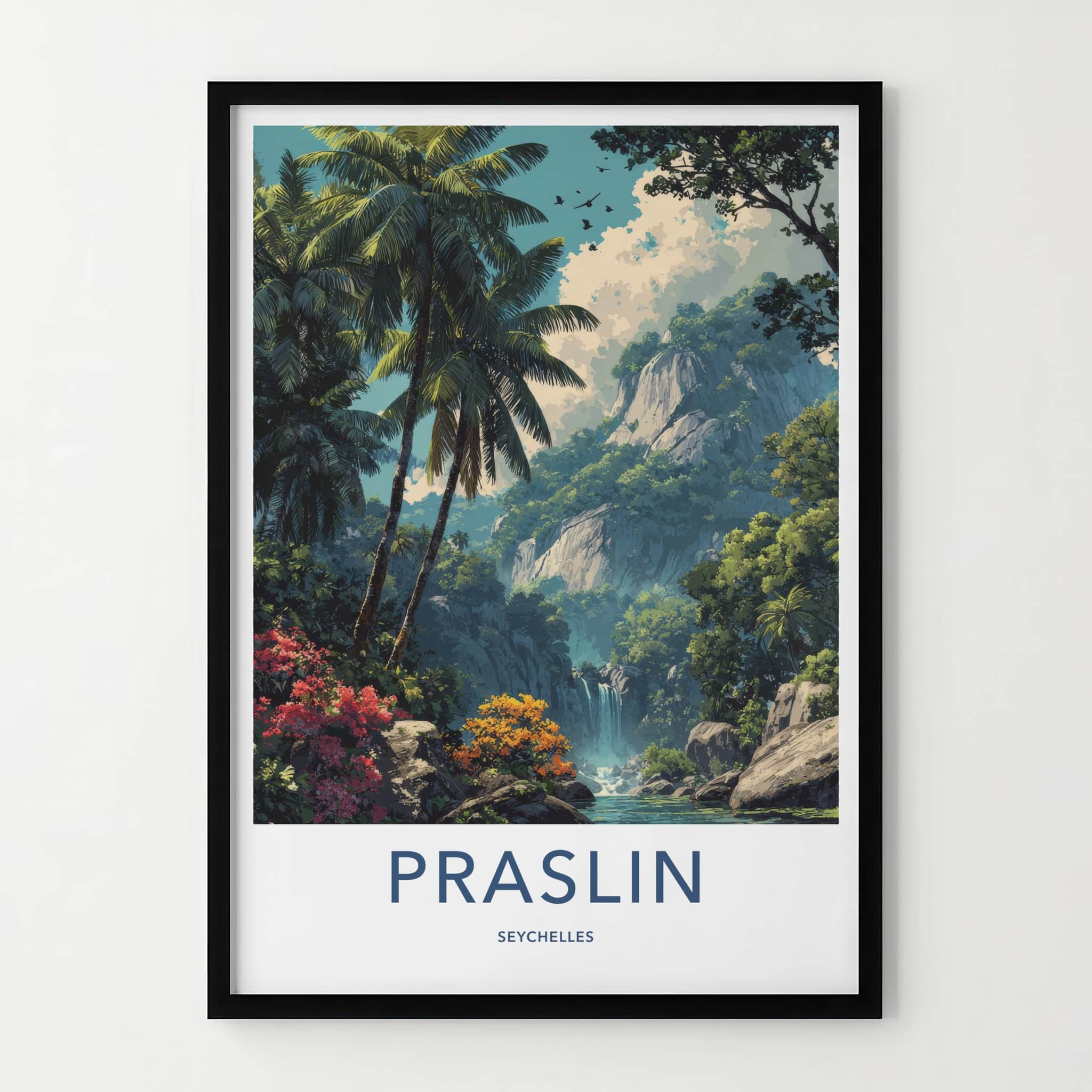 Praslin Poster - Seychelles Travel Art - Lush Waterfall Scenery Home Decor