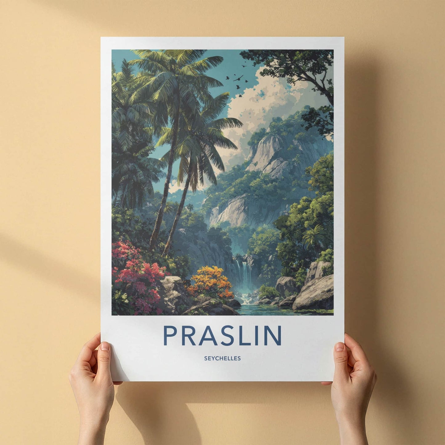 Praslin Poster - Seychelles Travel Art - Lush Waterfall Scenery Home Decor