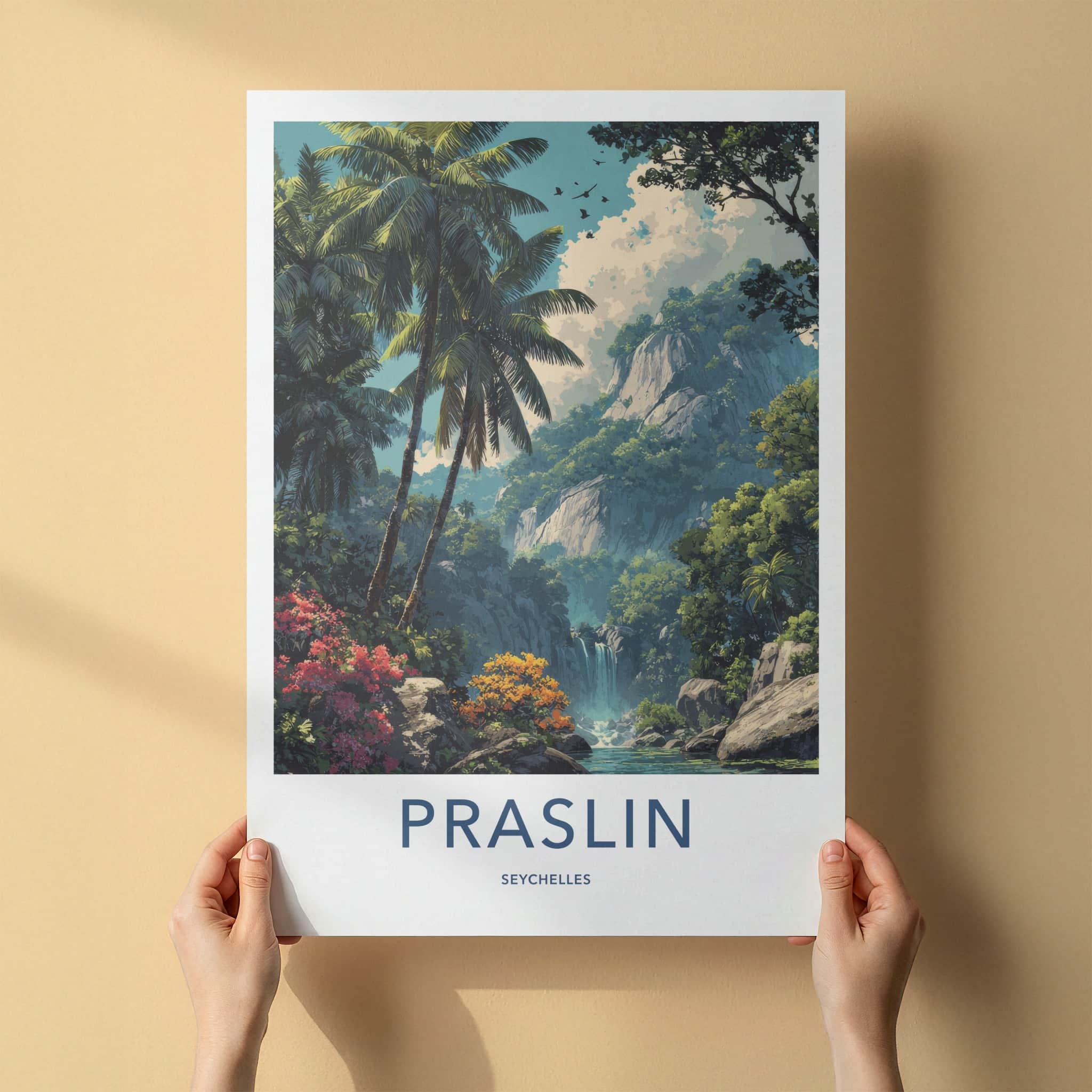 Praslin Poster - Seychelles Travel Art - Lush Waterfall Scenery Home Decor