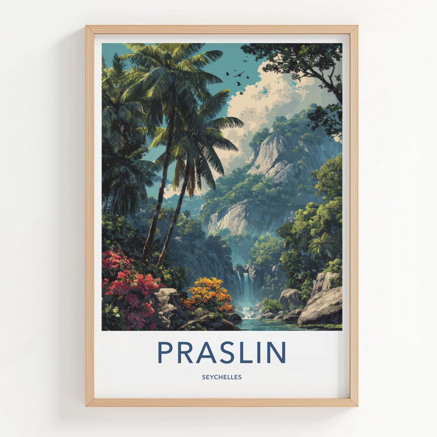 Praslin Poster - Seychelles Travel Art - Lush Waterfall Scenery Home Decor