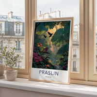Praslin Poster - Seychelles Travel Art - Sunlit Jungle Parrots Wall Decor