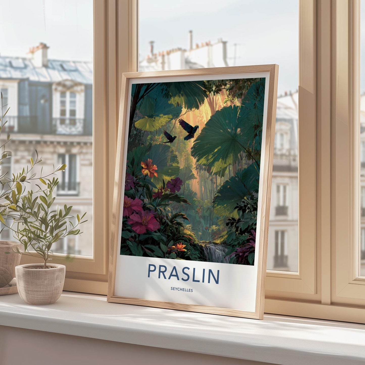 Praslin Poster - Seychelles Travel Art - Sunlit Rainforest Birds Wall Decor